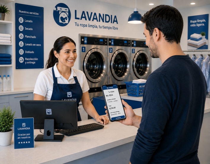 Placeholder de una lavandería ordenada con computadora y ambiente digital para representar el escenario después